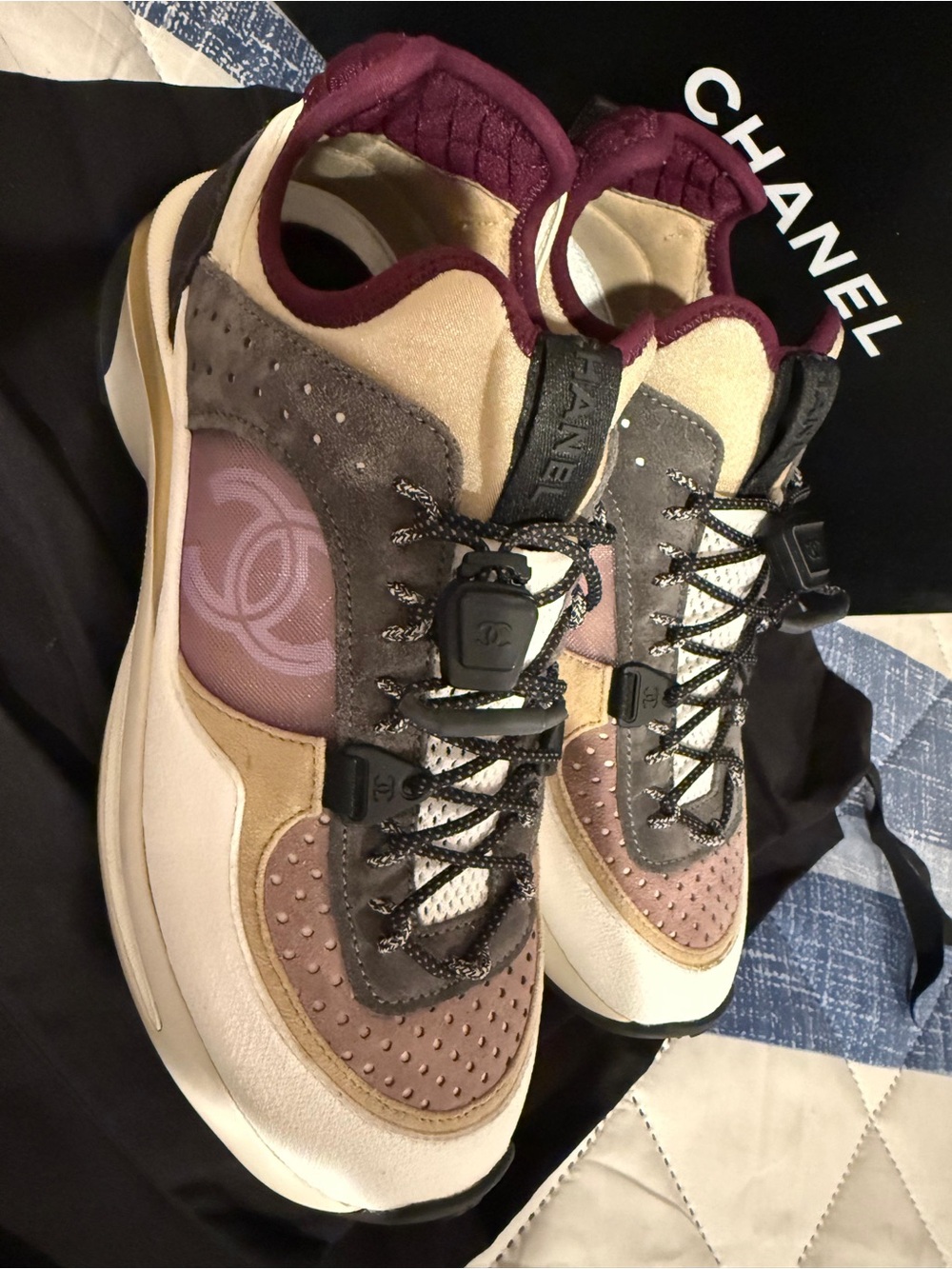 CHANEL Multitone Suede & Mesh Runner Sneakers in Plum, Taupe, Cream